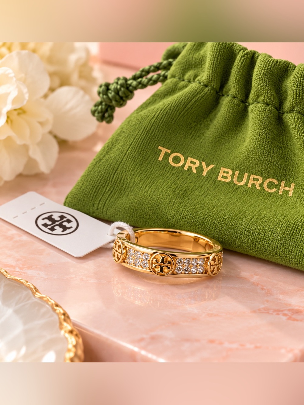 Tory Burch Gold Logo Crystal Band Ring